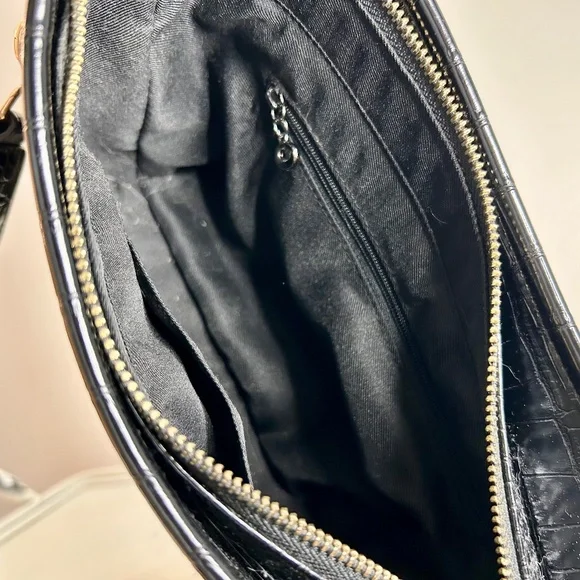 Black Croc Embossed Faux Leather Top Handle Wide Shoulder Strap Purse - Picture 6 of 6